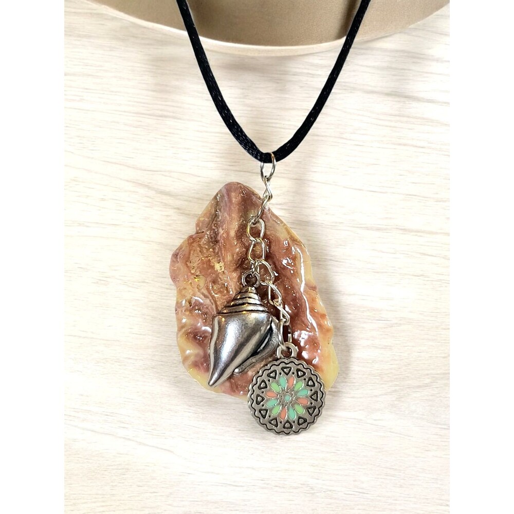 Real Shell Pendant with Charms Silver tone On Cord Necklace 18" Beach